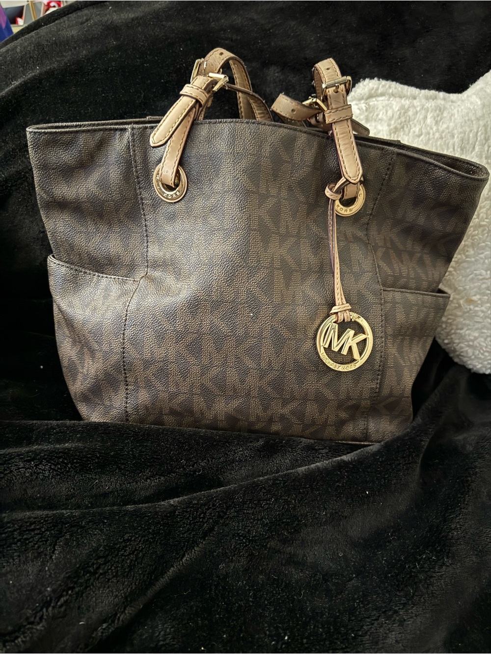 Michael Kors Dark Brown Signature MK Tote with Gold Charm